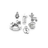 Thirty antique silver baby shower charms of six different designs displayed together on a white background.