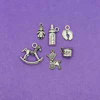 Antique Silver Baby Shower Theme Charms, 30 pieces - 6 styles