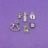 Antique Silver Baby Shower Theme Charms, 30 pieces - 6 styles