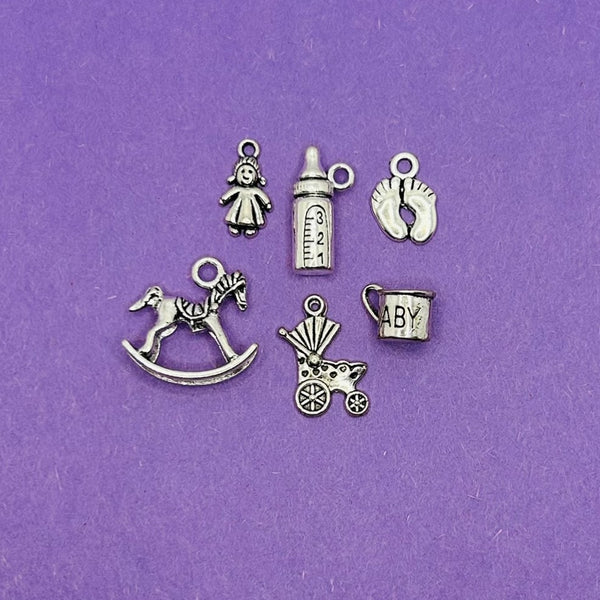 Antique Silver Baby Shower Theme Charms, 30 pieces - 6 styles