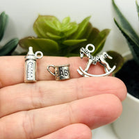 Antique Silver Baby Shower Theme Charms, 30 pieces - 6 styles