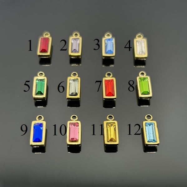 14k Gold and Cubic Zirconia Stainless Steel Baguette Birthstone Charms, 11x4mm