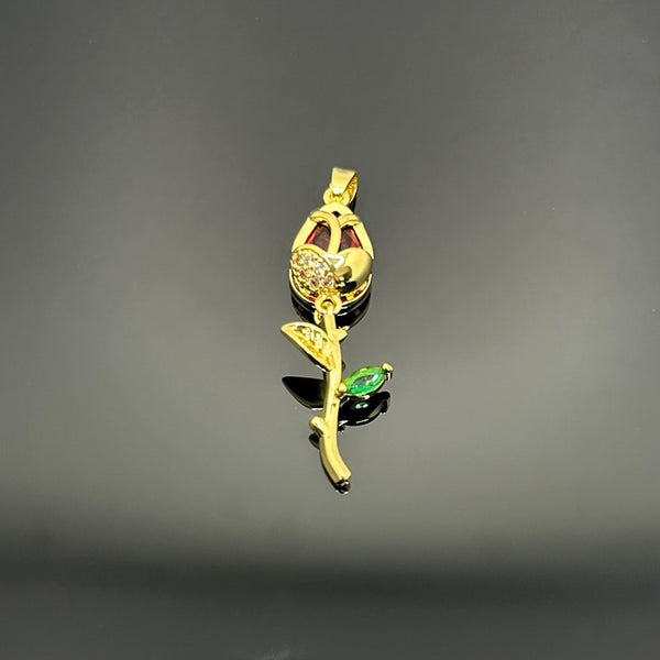 18k Gold and Red Cubic Zirconia Tulip Charm, 38x12 mm