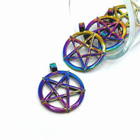 1, 4 or 20 Pieces: Large Titanium Oil Slick Colored Pentagram Pendants - Double Sided