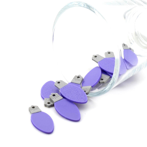 Purple miniature Christmas light-bulb charm, approximately 10×25 mm, with a hanging loop, displayed against a white background.