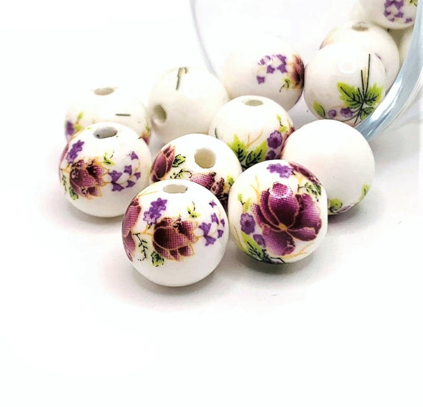 4, 20 or 50 Pieces: 12 mm Purple Flower and White Ceramic Beads