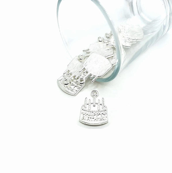 4, 20 or 50 Pieces: Silver Plated Happy Birthday Cake Charms