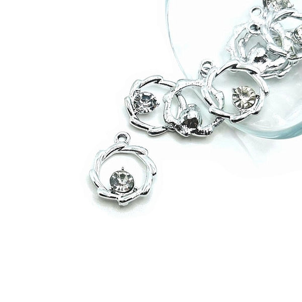 1, 4, 20 or 50 Pieces: Silver Plated Round Pendant with Rhinestone Charms
