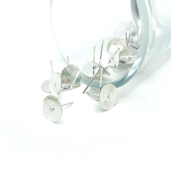 20 or 100 Pieces: 10 mm Bright Silver Round Flat Ear Stud Earring Bases