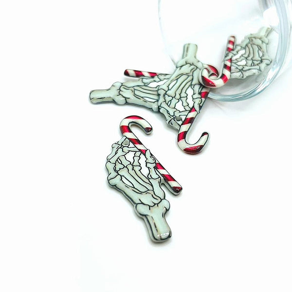 1, 4 or 20 Pieces: Skeleton Hand with Candy Cane Creepy Christmas Charms -  Double Sided