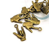 4, 20 or 50 Pieces: Bronze ASL I Love You Sign Language 3D Charms