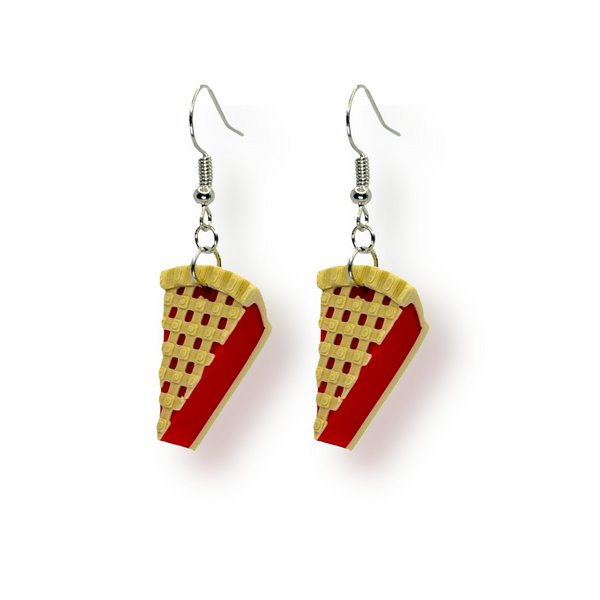 Pair of dangle earrings showcasing miniature cherry pie slice charms with a golden lattice crust and red filling, measuring approximately 25×19 mm, displayed on a white background.