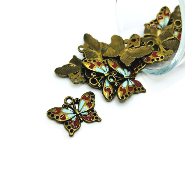 4, 20 or 50 Pieces: Bronze and Red and Blue Enamel Butterfly Charms