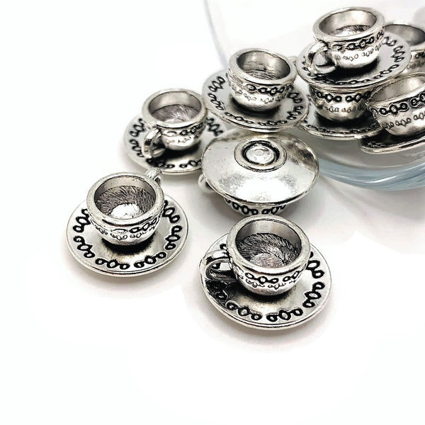 4, 20 or 50 Pieces: Silver Coffee Tea Cup and Saucer 3D Charms - Double Sided