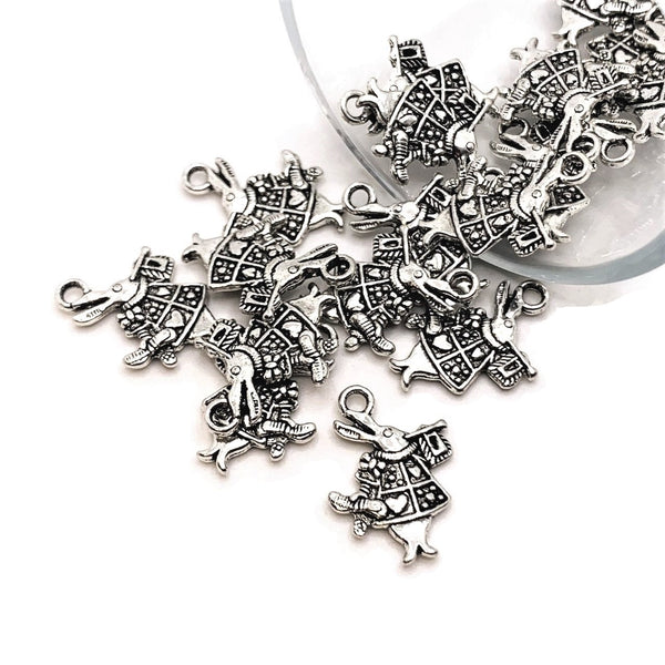 4, 20 or 50 Pieces: Silver White Rabbit Alice in Wonderland Charms - Double Sided