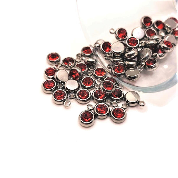 4, 20 or 50 Pieces: 201 Stainless Steel, Bright Red Ruby July Birthstone Rhinestone Charms