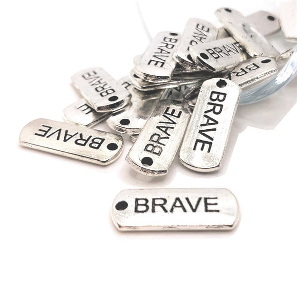 4, 20 or 50 Pieces: Silver Brave Word Bar Tag Charms