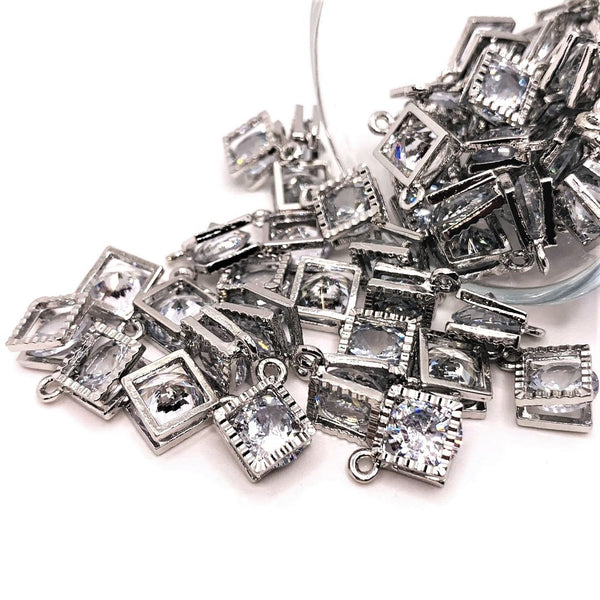 4, 20 or 50 Pieces: Cubic Zirconia Caged Rhombus Charms with Silver
