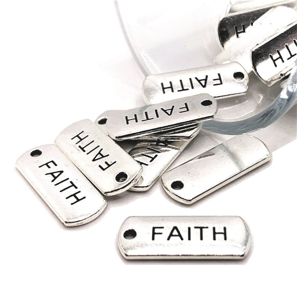 4, 20 or 50 Pieces: Silver Faith Word Bar Tag Charms