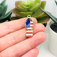 1, 4, 20 or 50 Pieces: Red White and Blue Enamel Gold Plated Flip Flop Sandal 3D Charms with Rhinestones