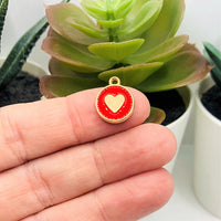 1, 4, 20 or 50 Pieces: Red and Gold Round Heart Charms - Double Sided