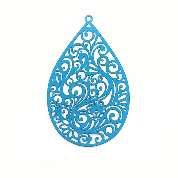 4 or 20 Pieces: Large Light Blue Filigree Teardrop Pendants - Double Sided