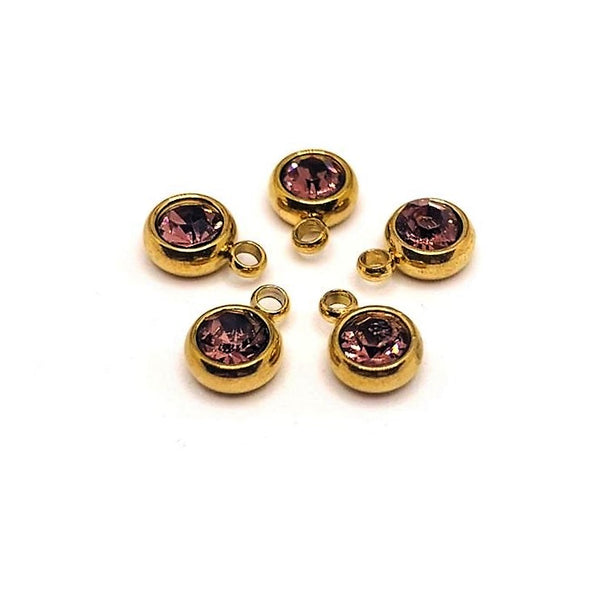 4, 20 or 50 Pieces: 303 Stainless Steel, 18k Gold, Light Purple June Birthstone Rhinestone Charms