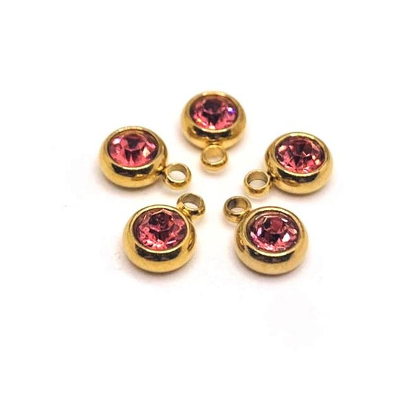 4, 20 or 50 Pieces: 303 Stainless Steel, 18k Gold, Light Pink October Birthstone Rhinestone Charms