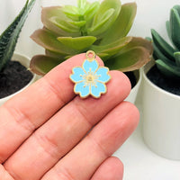 Light Blue and Gold Cherry Blossom Flower Charms, 20.5x17.5mm