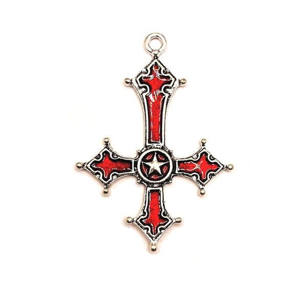 1, 4 or 20 Pieces: Antique Silver and Red Enamel Inverted Cross Pendan ...