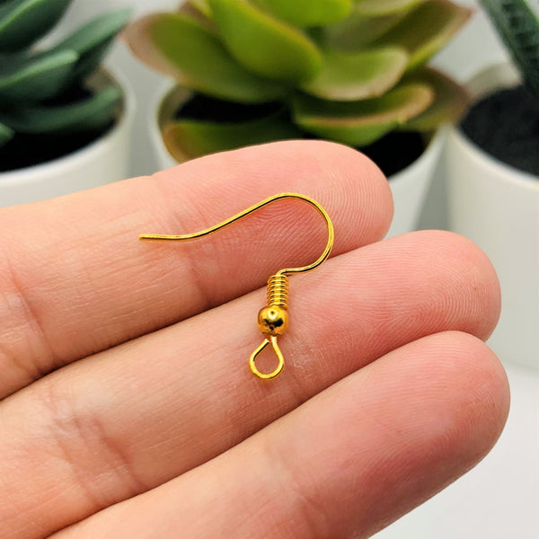 100 or 500 Pieces: Gold Plated Fish Hook Earring Wires with Spring and –  Guerrilla Charm