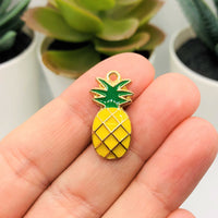 4, 20 or 50 Pieces: Yellow and Green Enamel Pineapple Charms with Gold Plating