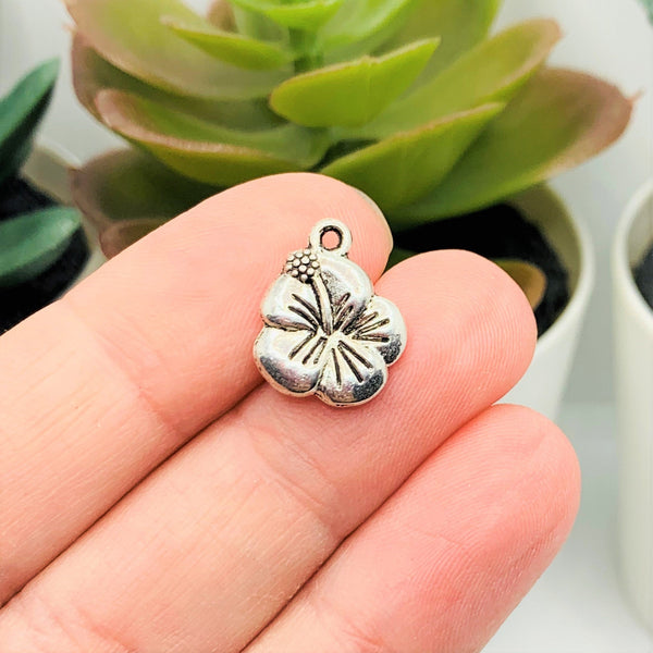 4, 20 or 50 Pieces: Small Silver Flower Charms - Double Sided