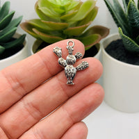 4, 20 or 50 Pieces: Silver Prickly Pear Cactus Charms - Double Sided