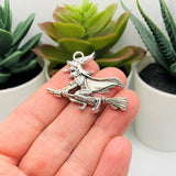 Silver Witch on Broom Halloween Charms, 30x37mm