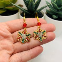 Gold Rhinestone Snowflake Christmas Earrings