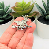 Silver Witch on Broom Halloween Charms, 30x37mm