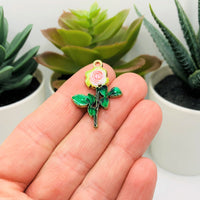4, 20 or 50 Pieces: Pink and White Enamel Rose Charms