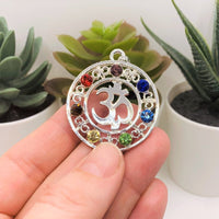 1, 4 or 20 Pieces: Silver Om Pendant with Chakra Rhinestones