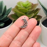 4, 20 or 50 Pieces: Silver Filigree Crescent Moon Charms - Double Sided