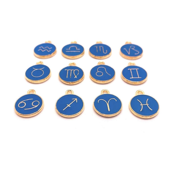12 or 60 Pieces: Blue Enamel and Gold Zodiac/Astrology Charms, Double Sided