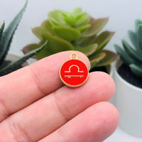 12 or 60 Pieces: Red Enamel and Gold Zodiac/Astrology Charms, Double Sided